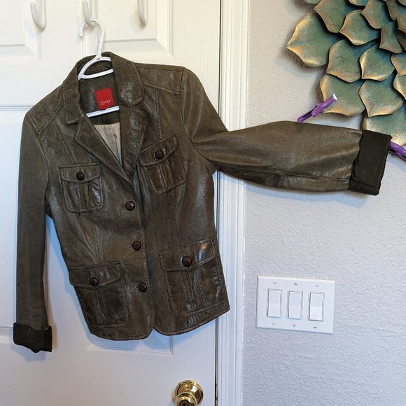 Esprit Jackets & Blazers - 90s Vintage ESPRIT Distressed REAL LEATHER Jacket | Olive | M / 10 | EVC